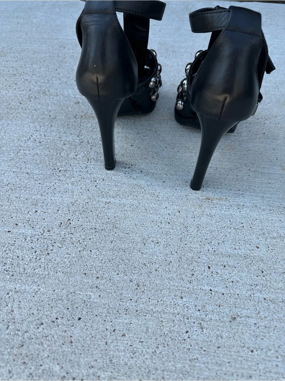 Karl Lagerfeld Black Leather Studded Strap Heels. 8.5
